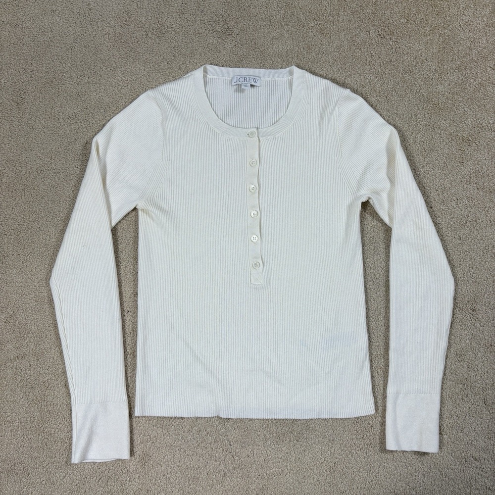 J.Crew Henley Sweater WMNS L Mountain White Long Sleeve Ribbed Tencel Crew Neck
